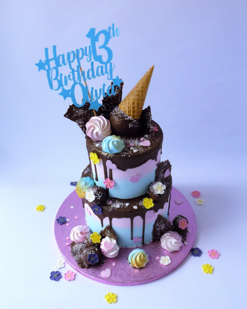 2 tier ice cream cone drip cake