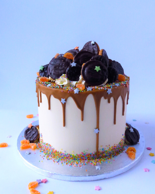 Biscoff drip cake with Jaffa cakes